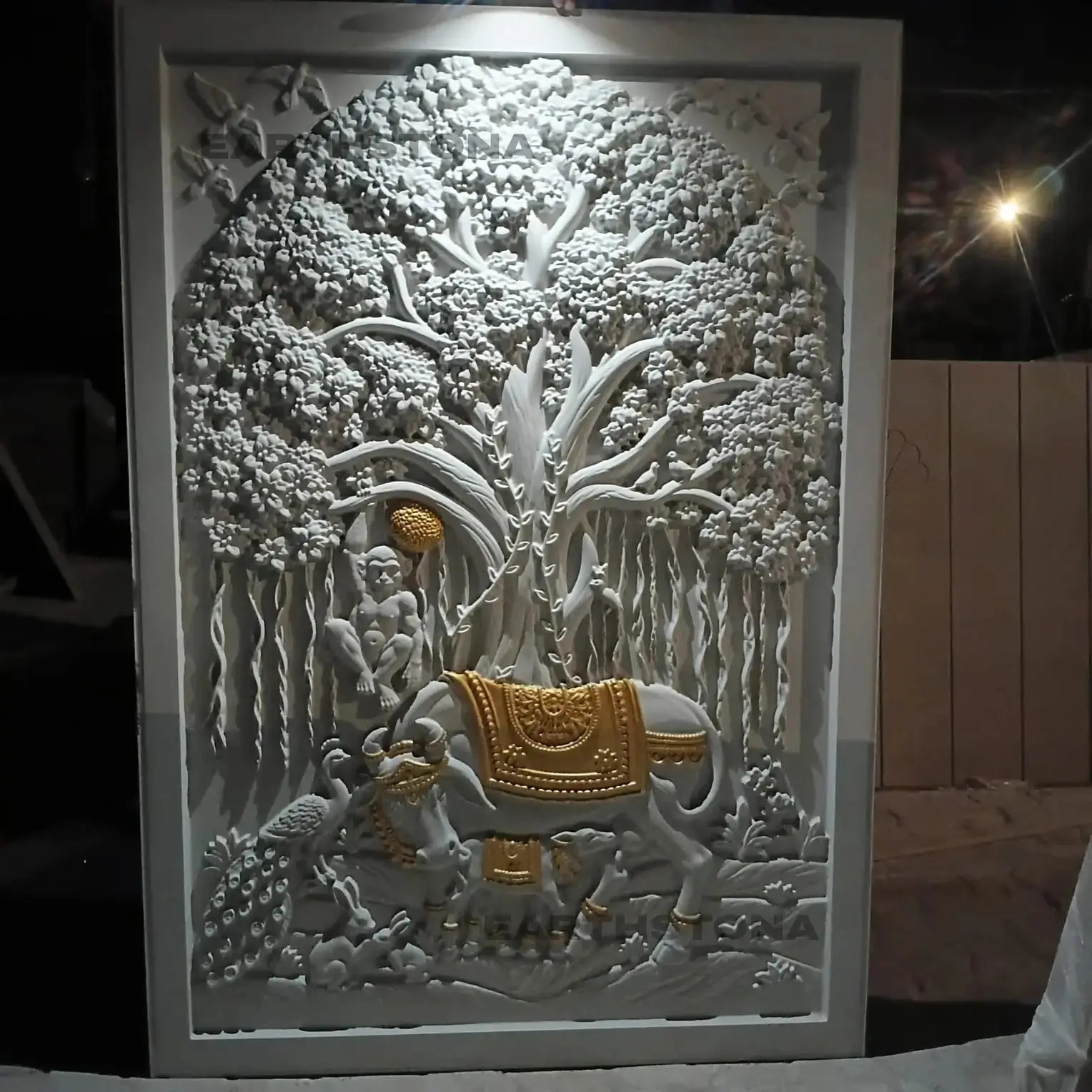 Kamadhenu Cow under The Tree of Life 50mm Indian sandstone wall mural with calf, peacock, monkey and golden carving for luxury home decor by EarthStona